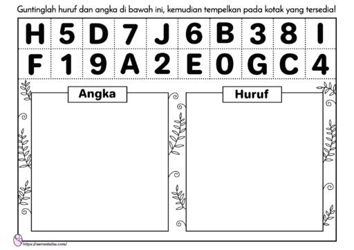 Lembar kerja anak TK - gunting tempel - angka dan huruf