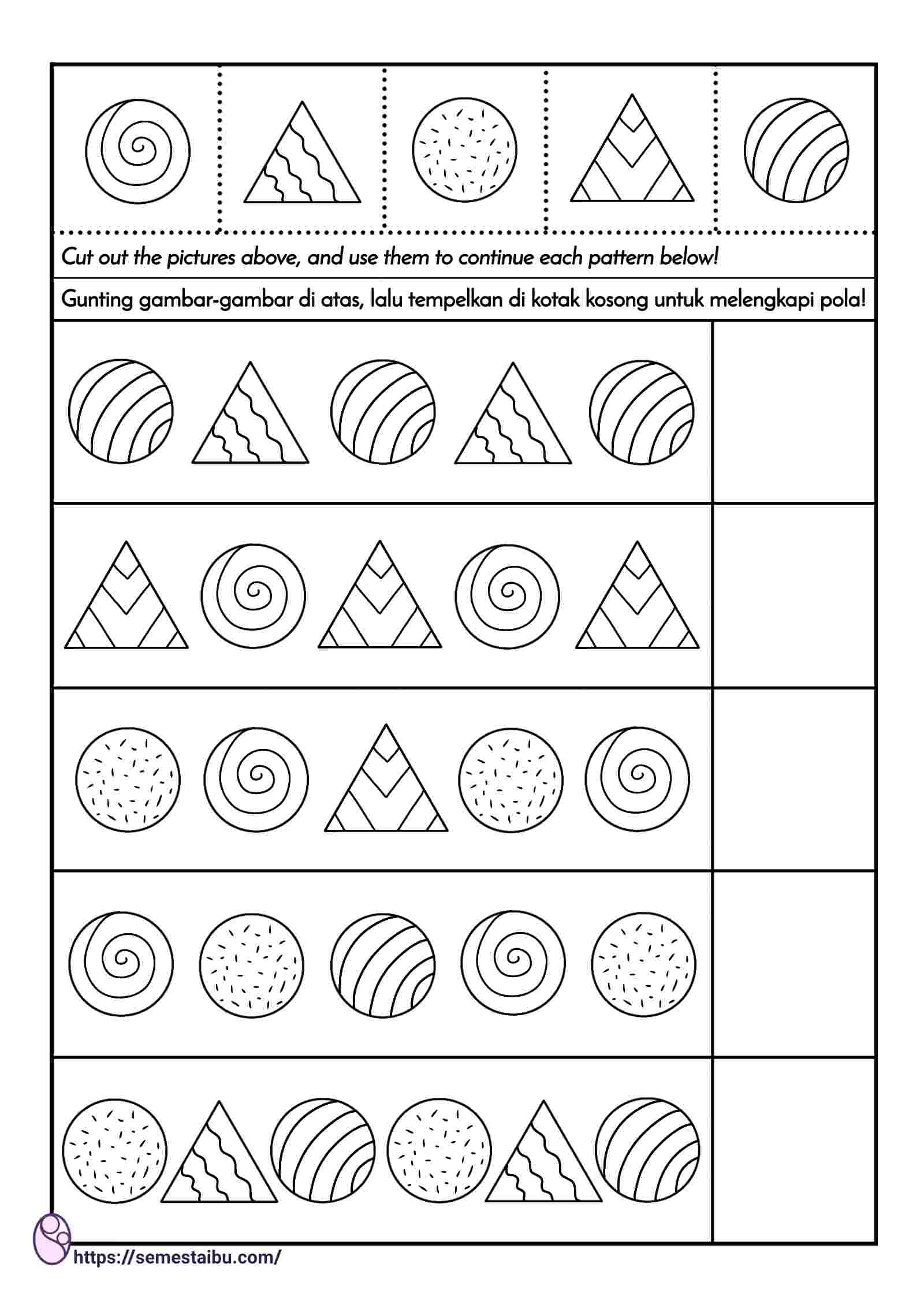 lembar kerja anak tk - paud - melengkapi pola - perkiraan urutan - kindergarten woksheet - pattern worksheet