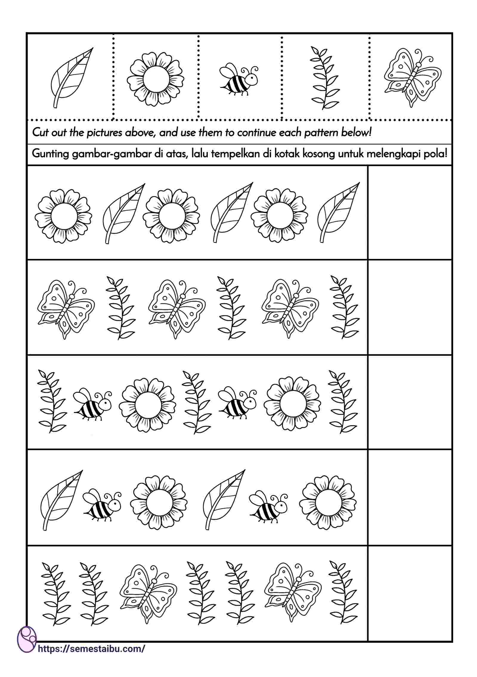 lembar kerja anak tk paud - melengkapi pola - perkiraan urutan - pattern kindergarten worksheet