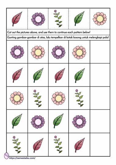 Worksheet anak tk paud tema tanaman- melengkapi pola - perkiraan urutan - pattern kindergarten worksheet