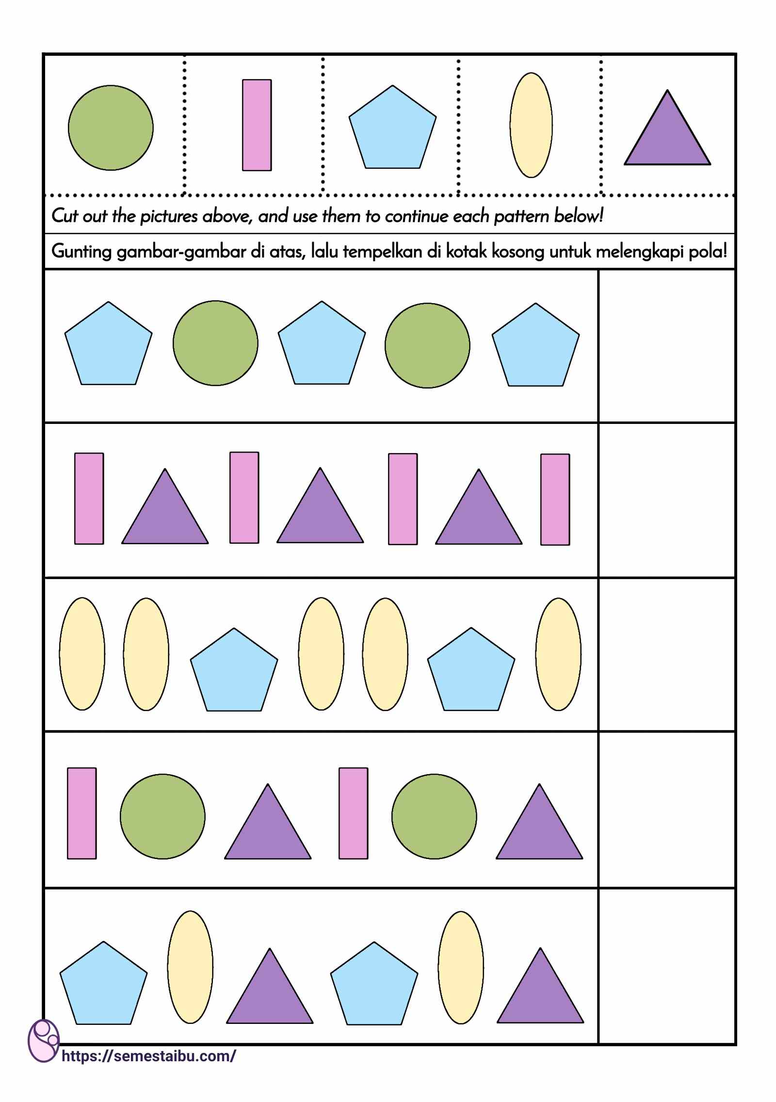 lembar kerja anak tk paud - melengkapi pola - perkiraan urutan - pattern kindergarten worksheet