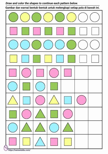 lembar kerja anak tk paud - melengkapi pola - perkiraan urutan - pattern kindergarten worksheet