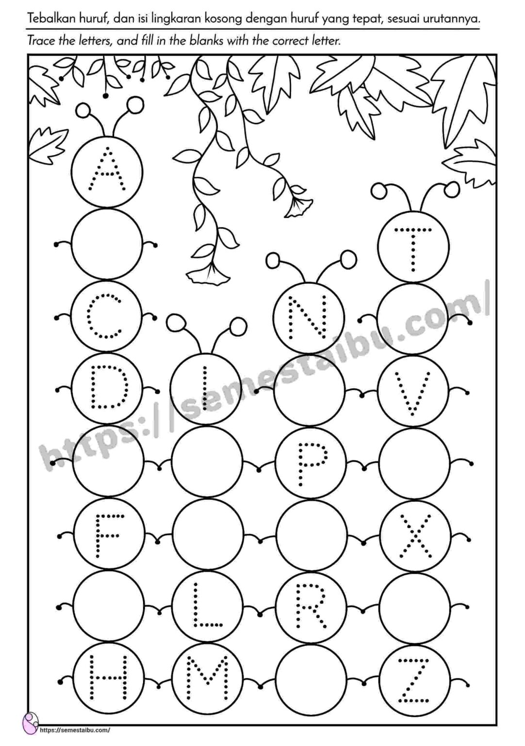 Lembar Kerja Anak TK - Menulis Huruf (Missing Letters) - PDF Download