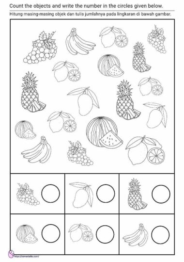 lembar kerja anak tk berhitung - tema buah - kognitif lembar kerja anak tk
