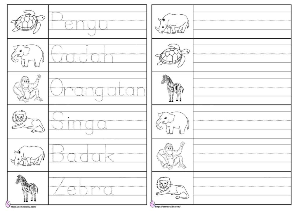 Lembar kerja anak tk menulis - tema binatang