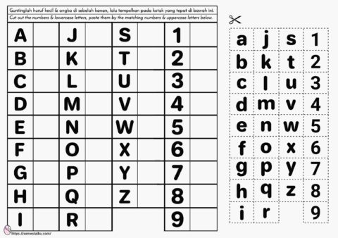 Worksheet menggunting dan menempel - mengenal huruf angka - kognitif lembar kerja anak tk