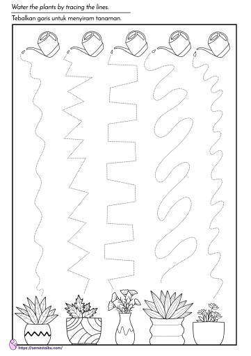 Lembar kerja anak tk - menebalkan garis - tema tanaman