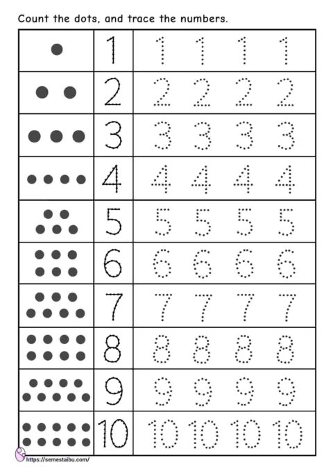 Counting the dots and number tracing worksheets
