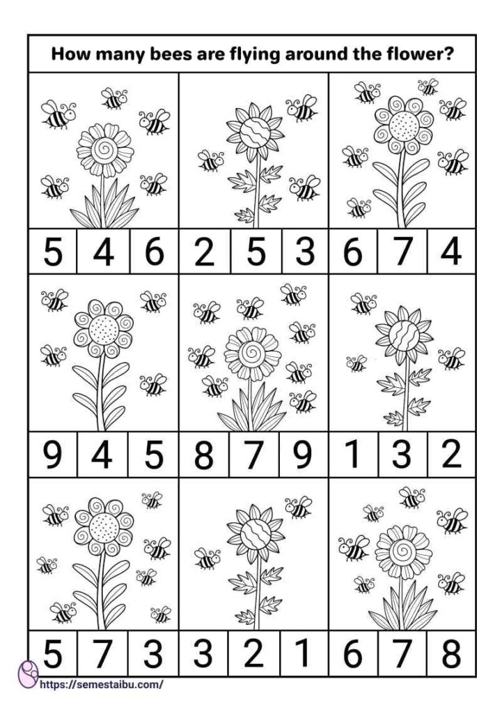 Counting Worksheet | Bees & Flowers | Bw | Kindergarten Worksheets