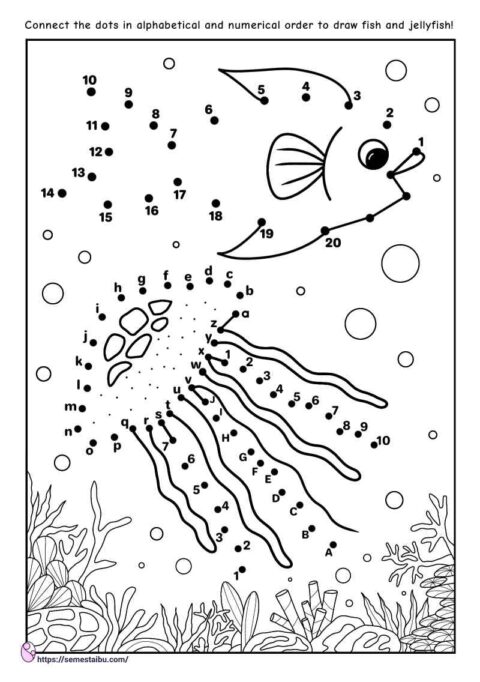 Dot to dot worksheets - numerical and alphabetical order - fish