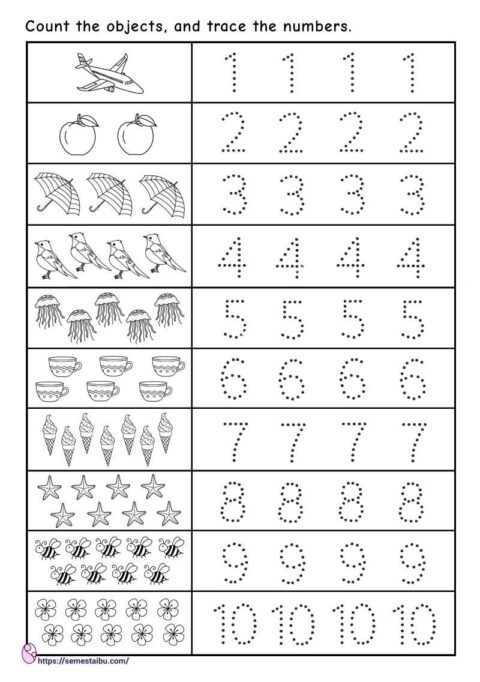 Number tracing 1-10 and counting worksheets