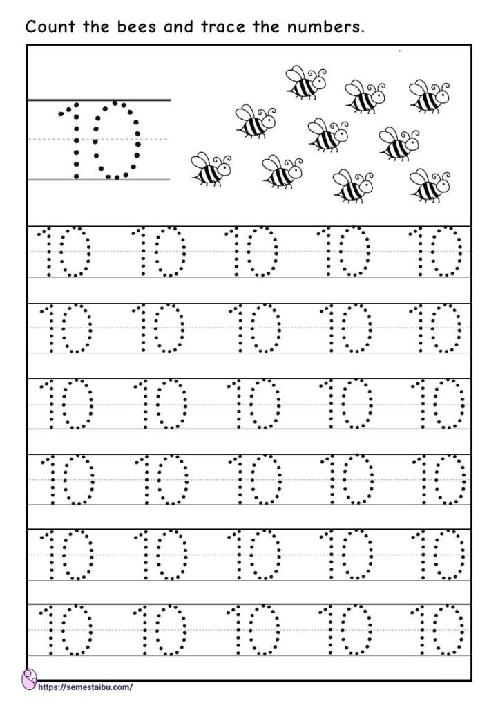 Tracing number 10 - kindergarten worksheets