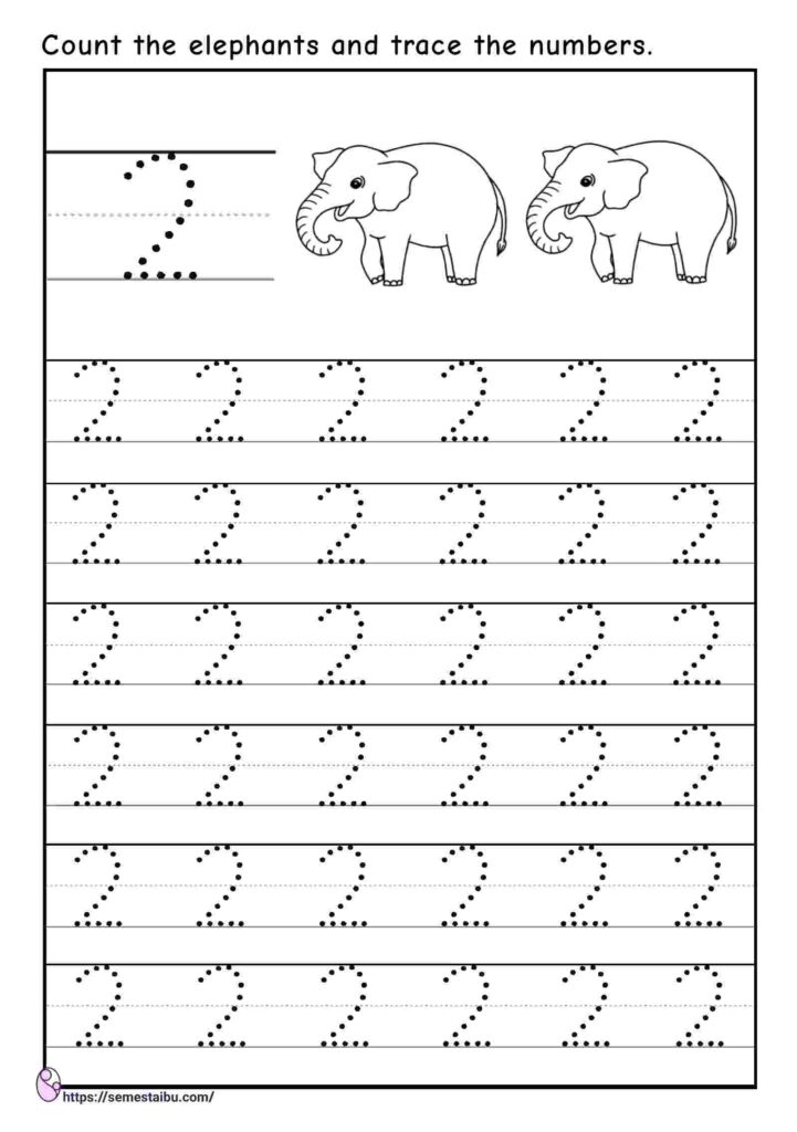 Tracing number 2 - kindergarten worksheets