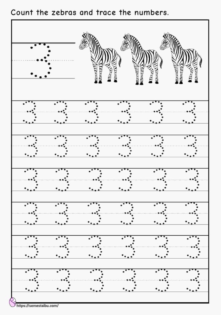 Tracing number 3 - kindergarten worksheets