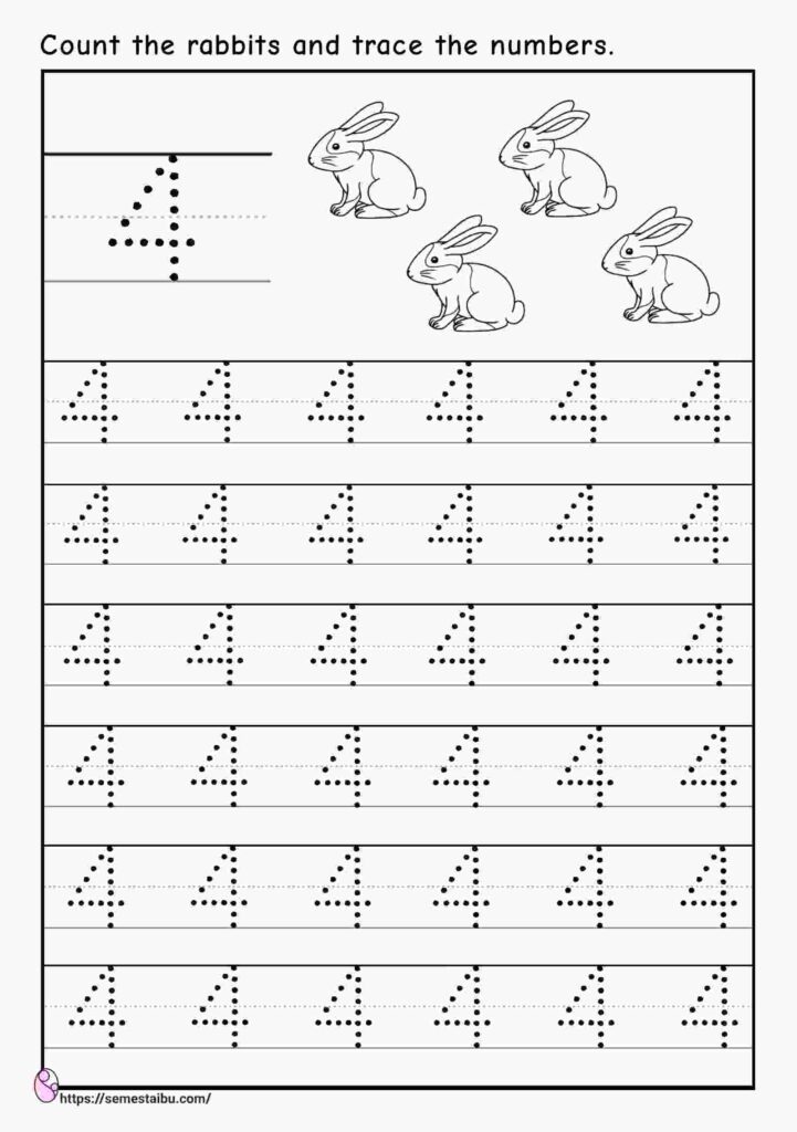 Tracing number 4 - kindergarten worksheets