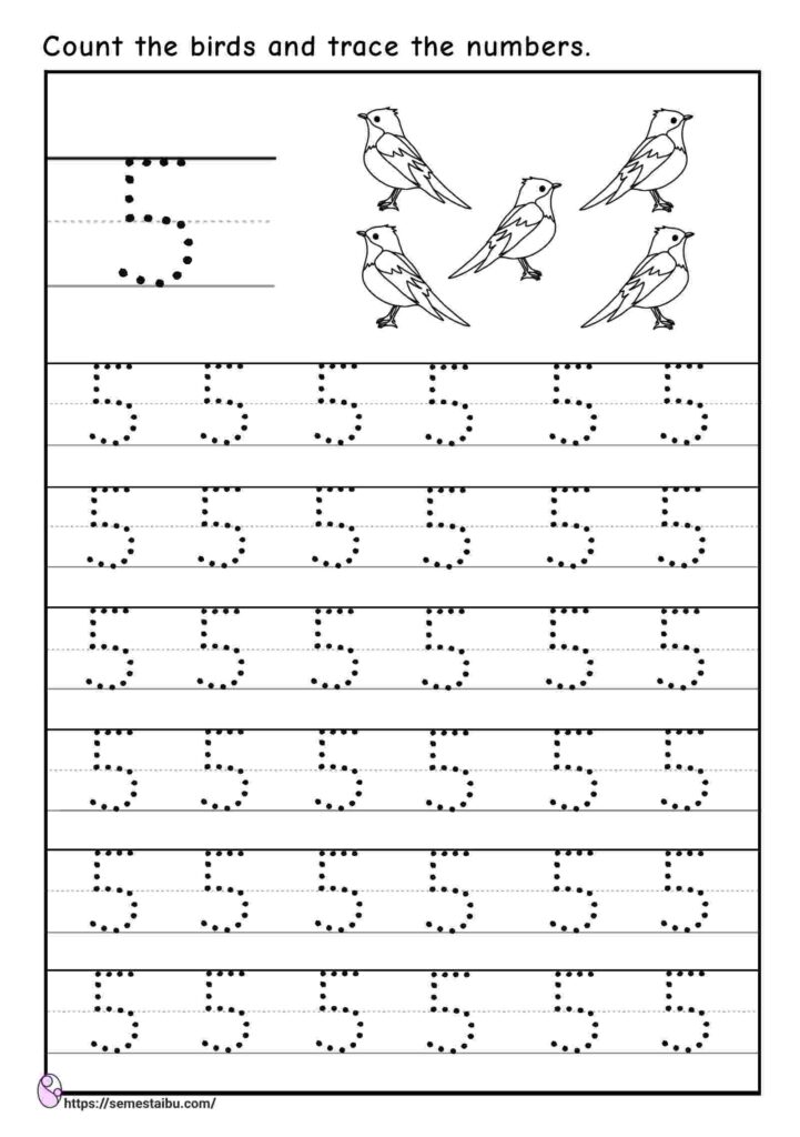 Tracing number 5 - kindergarten worksheets