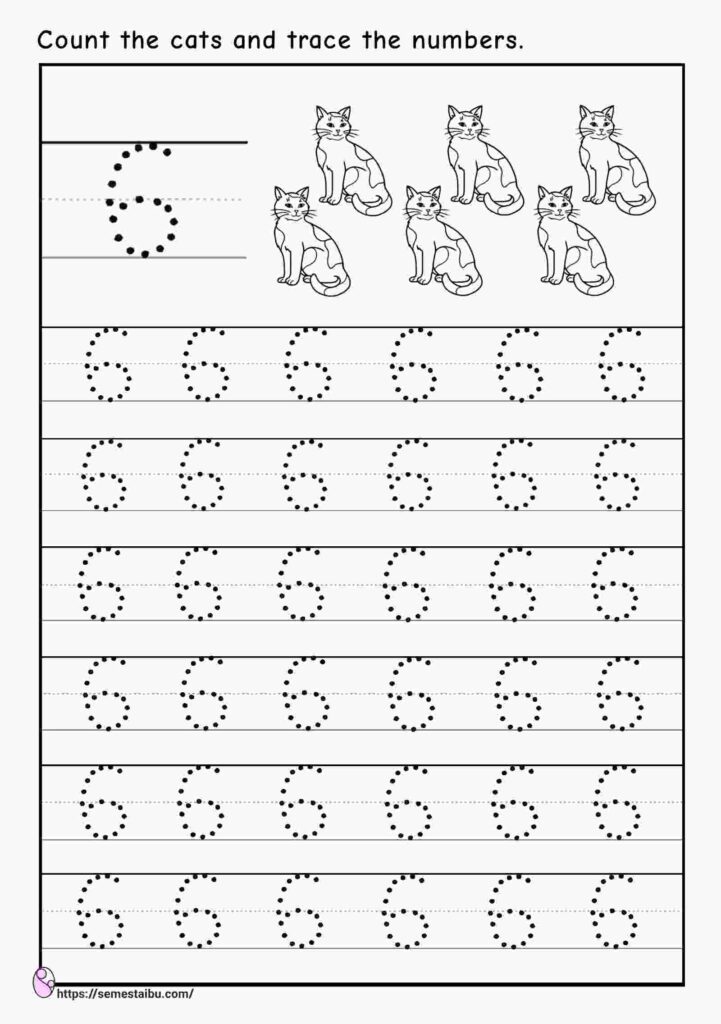 Tracing number 6 - kindergarten worksheets