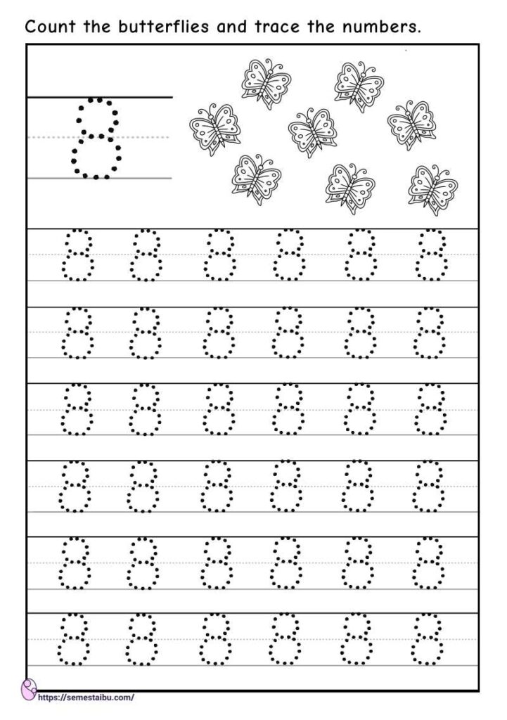Tracing number 8 - kindergarten worksheets