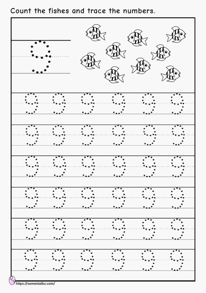 Tracing number 9 - kindergarten worksheets