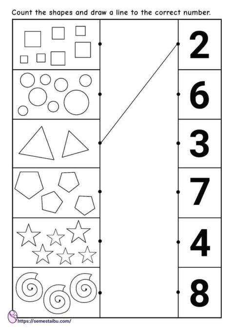 Counting worksheet - shapes - draw a line