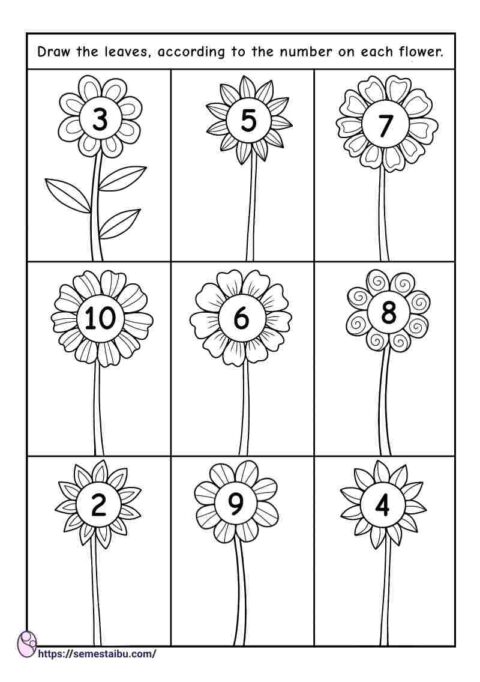 Counting worksheet - kindergarten - drawing leaves