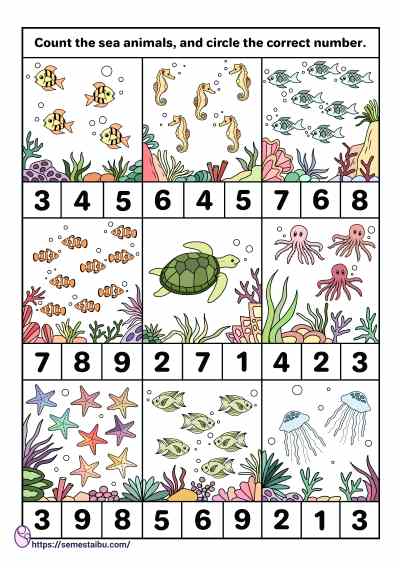 Counting worksheets - kindergarten - sea animals