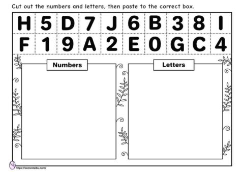 Cut and paste - numbers and letters worksheet - preschool