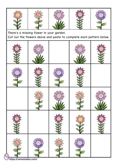 Cut and paste - missing pattern worksheets - kindergarten