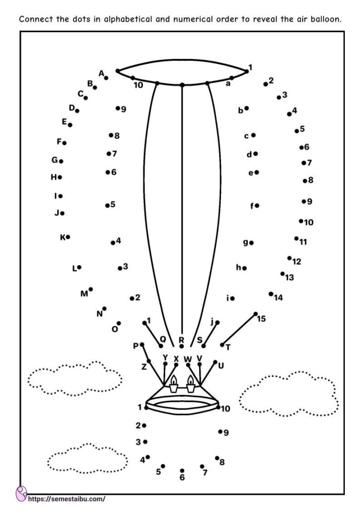 Dot to dot worksheets - numbers and letters - air balloon