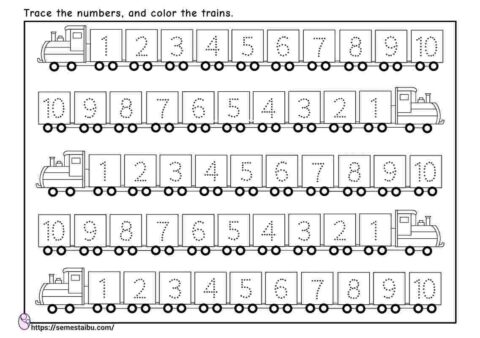 Kindergarten worksheets - number tracing - trains