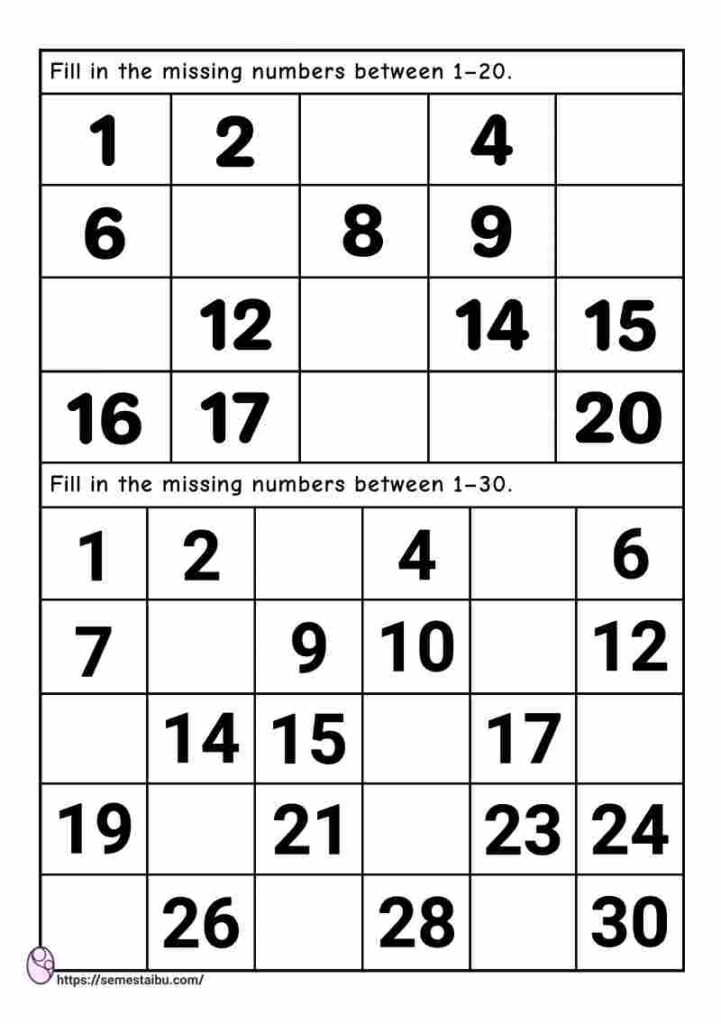 Missing numbers - kindergarten worksheets