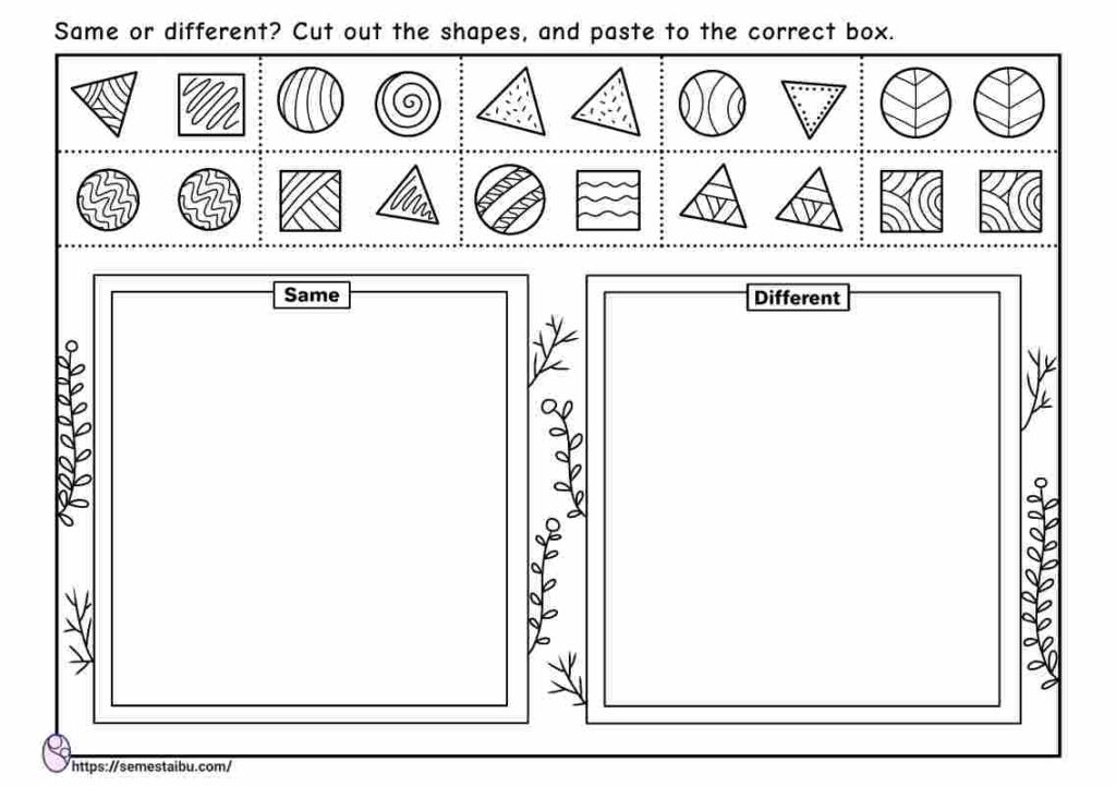 Same and different - cut and paste - sorting worksheets