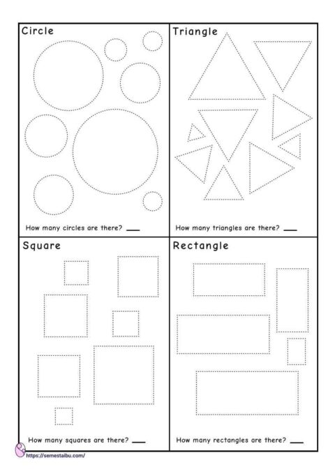 Tracing shapes - counting worksheets - circle - triangle - square - rectangle