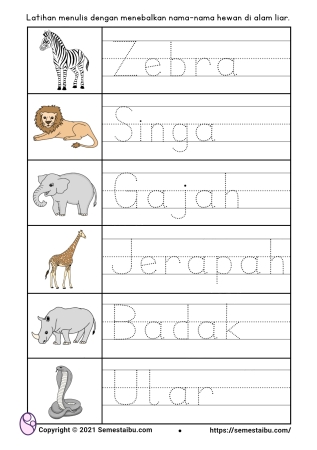 Lembar kerja anak tk menulis tema binatang hewan