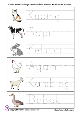 Lembar kerja anak tk menulis tema binatang hewan