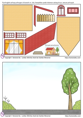 Kognitif lembar kerja anak tk paud pola menggunting dan menempel gambar rumah