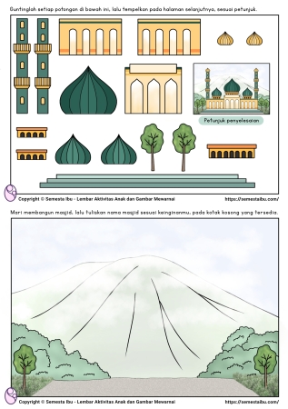 Worksheet lembar kerja anak tk paud gambar masjid