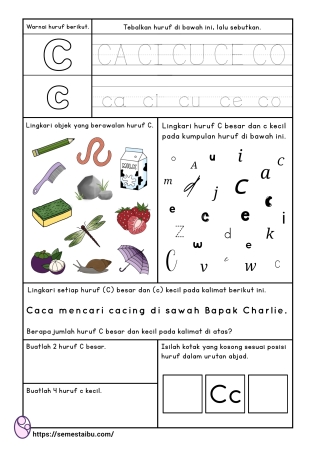Kognitif lembar kerja anak tk paud bahasa mengenal huruf C