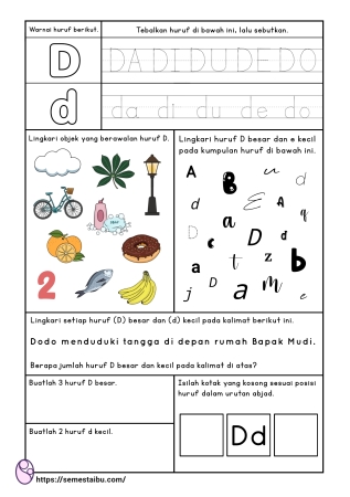 Kognitif lembar kerja anak tk paud bahasa mengenal huruf D