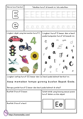 Kognitif lembar kerja anak tk paud bahasa mengenal huruf E