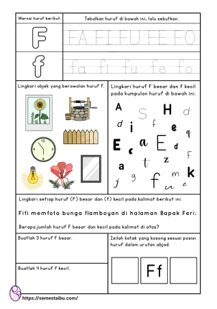 Kognitif lembar kerja anak tk paud bahasa mengenal huruf F
