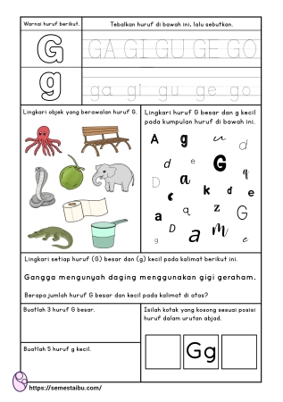 Kognitif lembar kerja anak tk paud bahasa mengenal huruf G
