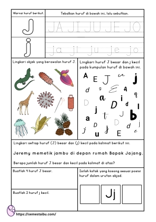 Kognitif lembar kerja anak tk paud bahasa mengenal huruf J