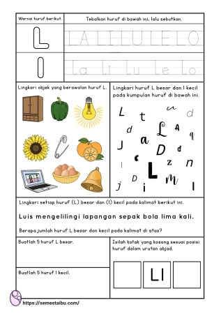 Kognitif lembar kerja anak tk paud bahasa mengenal huruf L