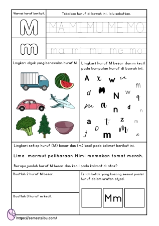 Kognitif lembar kerja anak tk paud bahasa mengenal huruf M