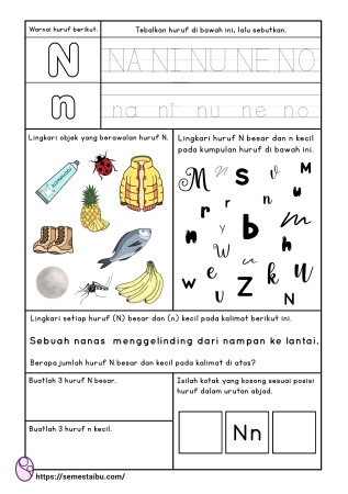 Kognitif lembar kerja anak tk paud bahasa mengenal huruf N