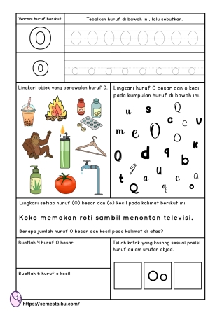 Kognitif lembar kerja anak tk paud bahasa mengenal huruf O