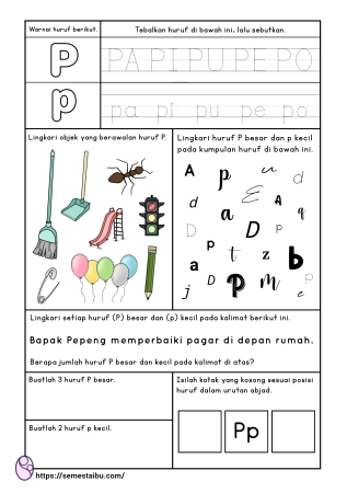 Kognitif lembar kerja anak tk paud bahasa mengenal huruf P