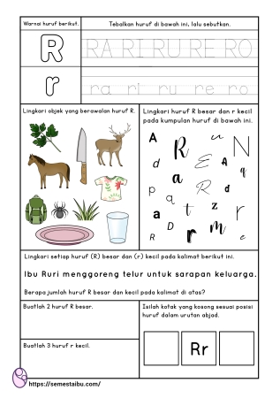 Kognitif lembar kerja anak tk paud bahasa mengenal huruf R