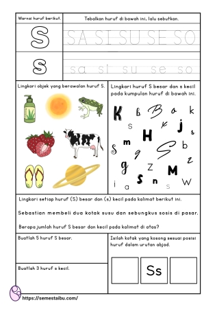 Kognitif lembar kerja anak tk paud bahasa mengenal huruf S